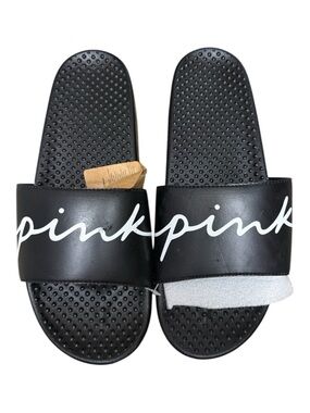 PINK Victoria's Secret Black Logo Slide Sandal Size Large NWT